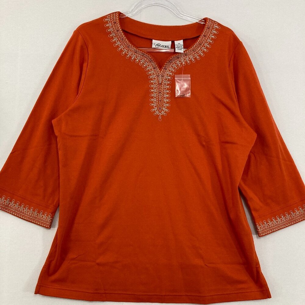 Cali & York size XL Burnt Orange Embroidered Stretch 3/4 Sleeve Blouse Boho